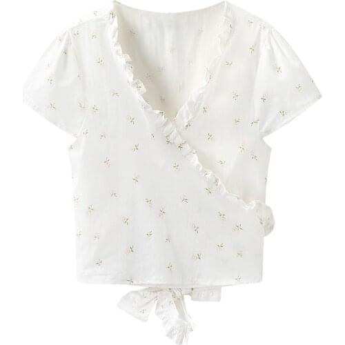 Sweet Women Soft Cotton V Neck Bow Lace T-shirt 2021 Summer Fashion Ladies College Style Cute T-shirt Female Printed T-shirt Top