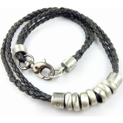New Fashion 8mm 2 Ropes Metal loops Coid Surfer Leather Necklace Chain Mens Boys Chain Wholesale Jewelry Gift 19.5"