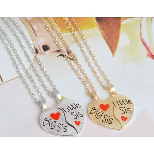 Fashion Hot Gold Sister Necklace BIG SIS LITTLE SIS Two Piece Red Heart Pendant Necklace Sister Necklace BFF Best Ever Friend
