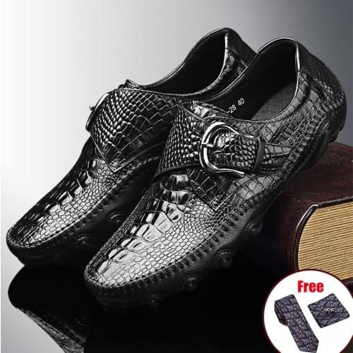 Mens Casual Shoes Genuine Leather Men Crocodile Buckle Sneakers Driving Coffee Soft Daily Pea Shoes black 2021