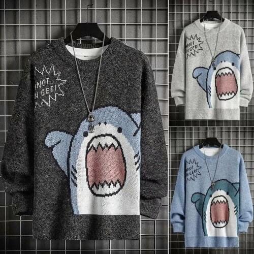 Harajuku Men Winter Vintage Knitted Hip Hop Green Sweater Blouse Pullovers Korean Fashion Long Sleeve Anime Cartoons Clothes