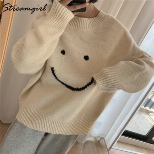 Beige Knitted Warm Sweaters For Women Sweater Oversize Autumn Winter Sweet Clothes Smile Print Pullovers Loose Oversized Sweater