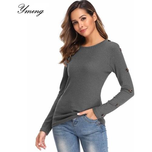 YMING Spring Autumn Sweater Women Casual Slim O-neck long Sleeve Solid Color Slim Tops Sexy Pullover Knitted Sweaters