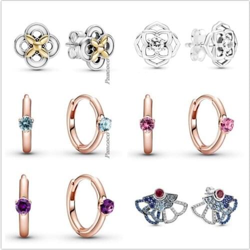 Authentic 925 Sterling Silver Earring Colours Purple Solitaire Huggie Hoop Earrings For Women Wedding Gift Pandora Jewelry