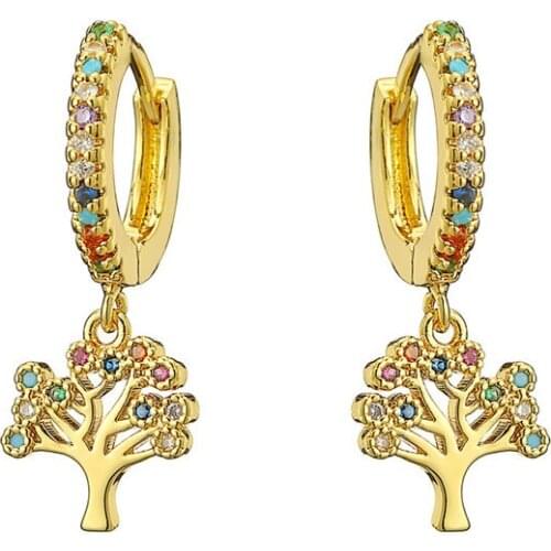 2020 New Fashion Life Tree Drop Earring Gold Color Tiny Dangle Earring Mix Color Cubic Zirconia Women Jewelry