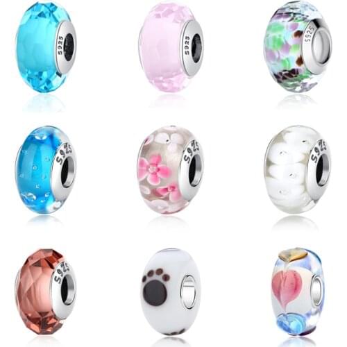 925 Sterling Silver Charms Glass Beads Fit Bracelets Bangle Iridescent Faceted Murano Glass Charm Diy Jewelry Making