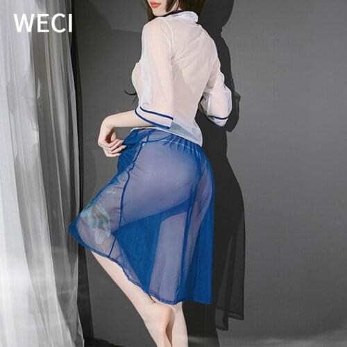 WECI Erotic Women Sexy Cheongsam Top Transparent Body Skirt Chinese Style Outfit Schoolgirl Lingerie Set Costume Clothes For Sex