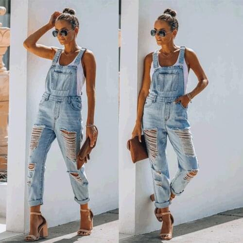 Womens Ripped Denim Jumpsuit Light Color Temperament Pocket Commuter Cotton Denim Ordinary Mid Waist Blue Strap Jeans Trousers