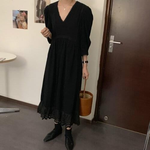 Women Summer Vintage V Neck Lace Patchwork Long Dress Cotton Linen High Waist Midi Sundress Ruffle Hem