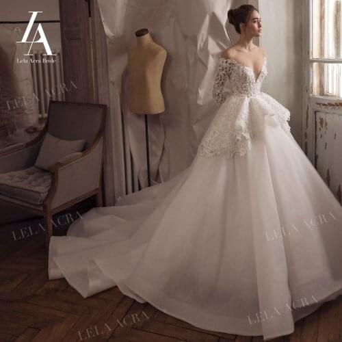 LelaAcra Long Sleeve Wedding Dress 2022 V-neck Beading Gorgeous CourtTrain Ball Gown Princess Bridal Gown R114 Vestido De Novia