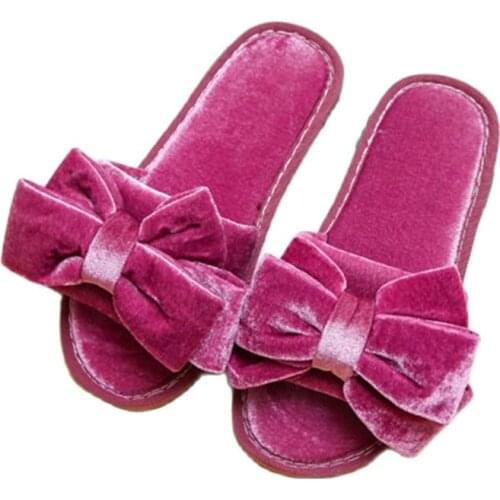 Winter Woman Plush Slippers Bowknot Lady Indoor Sandal Cute Soft Rubber Sole Faux Fur Girl Slipper House Shoes Cotton Padded