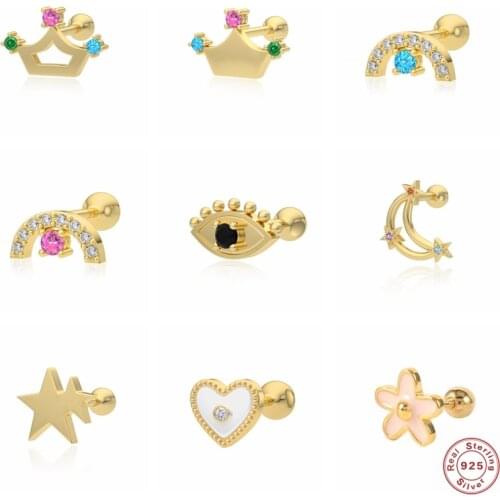 CANNER Real S925 Sterling Silver Piercing Earring Colorful Zircon Crown Moon Star Stud Earrings For Women Enamel Earlobe Buckle