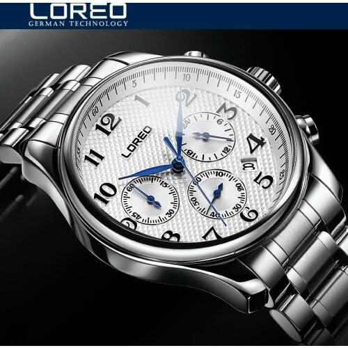 LOREO Fashion Mens Watches Top Brand Luxury Sapphire 50M Waterproof Clock Stainless Steel Men Quartz Watch Mens Sport Wristwatch