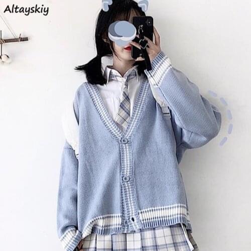 Cardigan Women Knitting V-neck Students Preppy Style Sweet Fashion Long Sleeve Casual Loose Patchwork All Match Spring Female