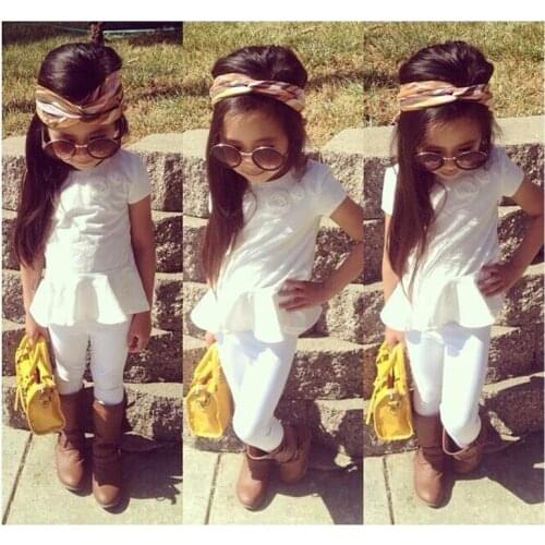 2021 New Girls Cute Clothing Set Kids Casual Cotton Short Sleeve Top + White Trousers + Headband 3-Piece Clothing Sets Hot Sell