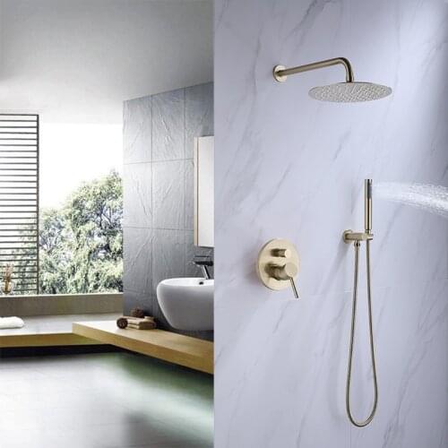 Brass Brushed Gold Bathroom Shower Set Rianfall Shower Head Shower Faucet Wall Mounted Shower Arm Mixer Water Set