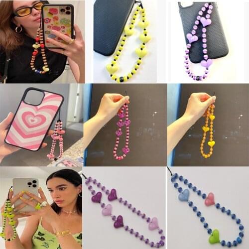 Fashion Bohemia Color Stripe AcrylicHeart Mobile Phone Chain Lanyard For Women Girls Personality Creative Cell Phone Chain Rope