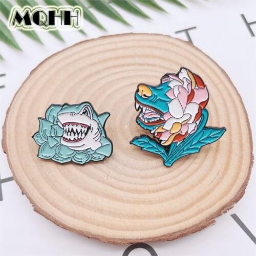 Cartoon Creativity Animals Shark Wolf Enamel Pins Plants Flowers Alloy Brooches Badges Clothes Bags Accessories Women Jewelry