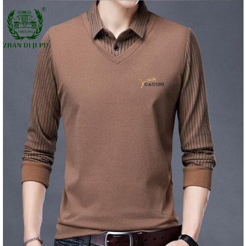 Mens Ice Silk Fleece Long Sleeve Polo Shirt Casual Lapel Loose Bottoming Shirt Male Fashion Striped Fake Two Pieces Polo Shirts