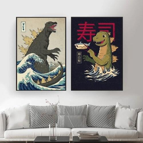 Kids Room Poster The Great Beast Off Kanagawa Art Print Poster Boy Monster Sushi Decor Wall Canvas Painting Dinosaur Picture