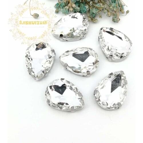 White Water droplet shape Crystal Glass Sew-on Rhinestones with Silver claw DIY Womens Dresses 13*18 10*14 7*10 18*25 20*30