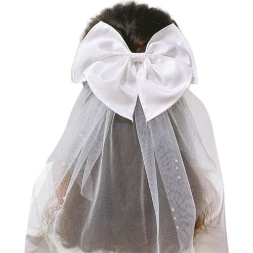 Bridal Ribbon Bowknot Hair Accessories with White Mesh Tulle Veil Clips Party Engagement Hairwear Photo Props