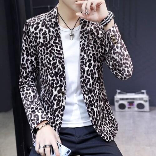 Spring Autumn New Mens Short Leopard Blazers Jackets Slim Fit Cool Students Coat Lapel One Button Jacket Outwear H2