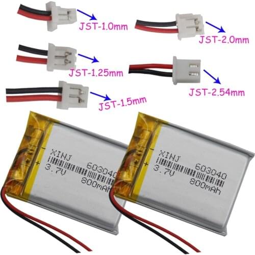 XINJ 2pcs 3.7V 800mAh Lithium Polymer Battery 2pin JST-PH 1.0/1.25/1.5/2.0/2.54mm For Camera GPS bluetooth phone 603040