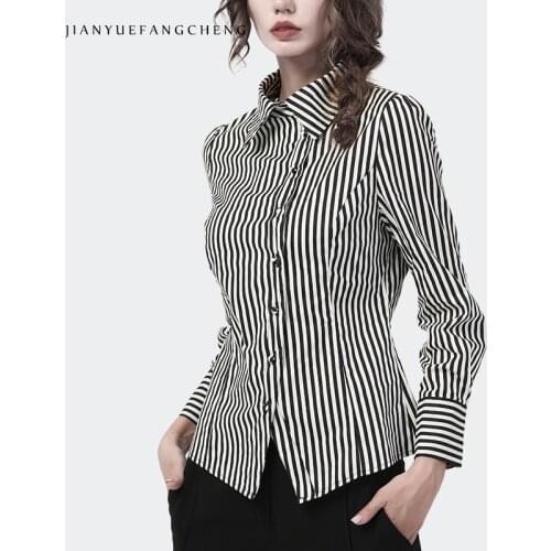 100% Cotton Womens Striped Shirt Long Sleeve Turn-Down Collar Tunic Tops 2021 Autumn New Elegant Slim Office Ladies Blouses