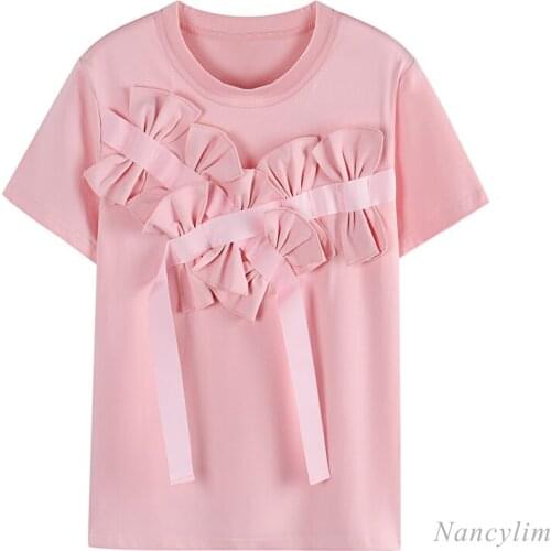 Bow T Shirt Women Short Sleeve Round Neck Cotton T-shirts Female 2021 Summer Clothing New Fashion Top Camisetas De Mujer Pink