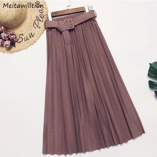 2021 Women Midi Skirt With Belt Spring Summer Autumn Ladies Korean Black Red Yellow High Waist Pleated Skirts