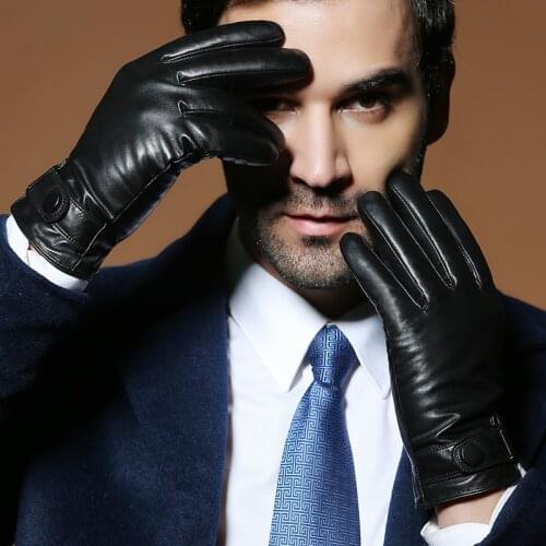 Winter Warm Gloves Men Genuine Leather Gloves Solid Sheepskin Fashion Wrist Thicken Winter Driving Gloves Mittens Free Shipping