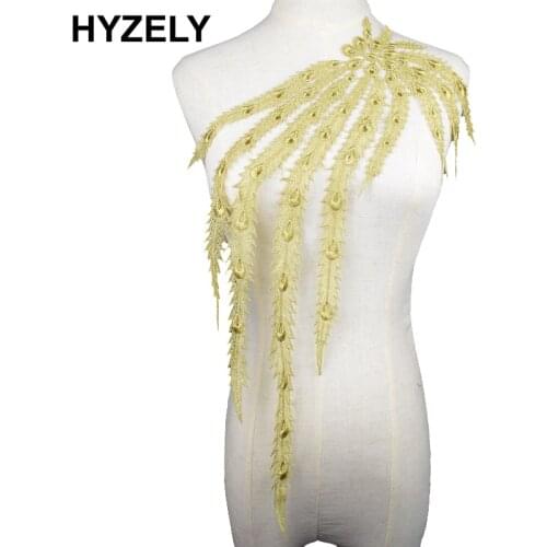 1 Piece Gold Peacock Long Tail Venise Lace Collar Applique Trim Sewing Craft Lace Neckline Dress Shirt Decor BW071
