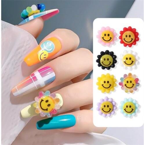 10PCS Japanese Cartoon 3D Sunflower Nail Charm Colorful Cute Smily Flower Nail Art DIY Accessoies