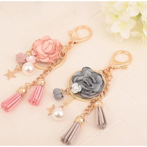 Rose Flowers Pearl Keychain Crystal Key Chain Bow Chain Tassel Key Ring Women Bag Car Pendant Jewelry Gifts Trinket Keyfob