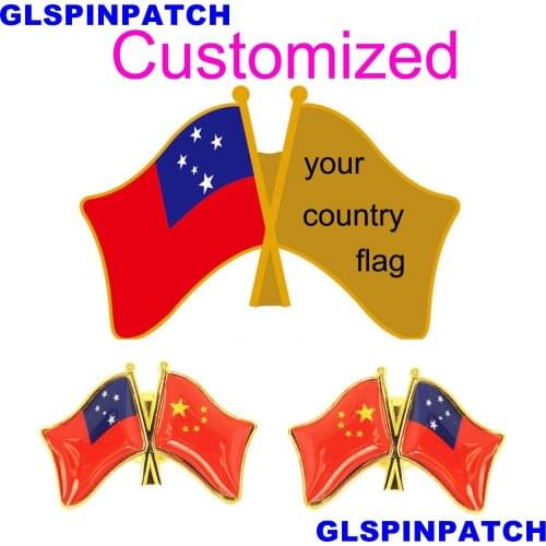 Samoa Crossed Friendship Flag Double Country lapel pin Brooch USA UK France Chile Russia Saudi Arabia Japan Spain Badge