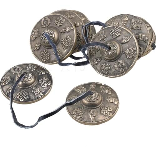 Yibuy 5x Buddhism Eight Auspicious Symbol Tibetan Brass Cymbals Bell 65mm Dia