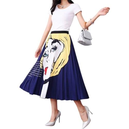 Women Color Block Graffiti Cartoon Empire High Waist Pleated Swing Midi Skirt F42F