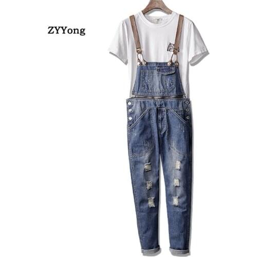 Ripped Overalls Men Jeans Bib Removable Waist Streetwear Hip Hop Hole Denim Jumpsuits Trousers Leisure Tattered Freight Pants