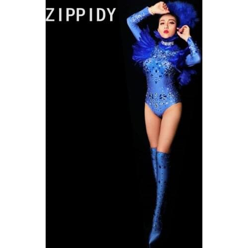 Glisten Crystals Feather Blue Bodysuit Big Stones Stretch Outfit Nightclub Female Singer Dance Show Womens Party Sexy Wear