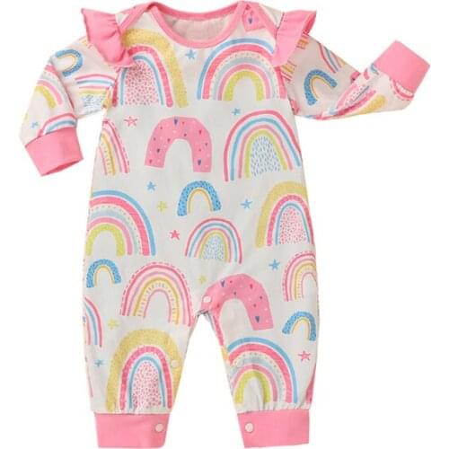 0-12M Autumn Infants Baby Girls Boys Rompers Rainbow Print Ruffle Long Sleeves O-Neck Cotton Jumpsuits