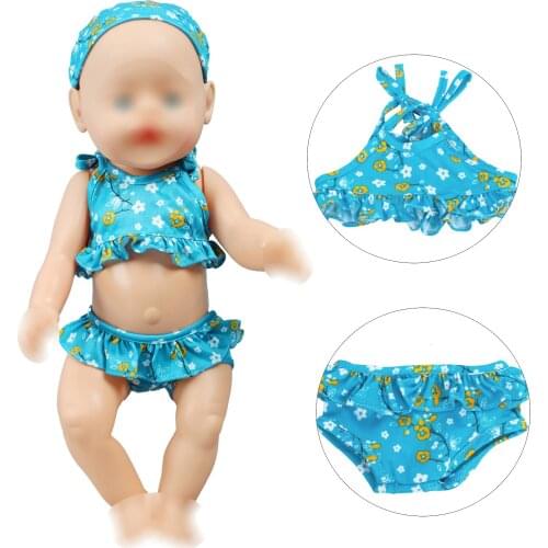 Doll Clothes Fit 18 inch 43cm Baby Doll Floral Blue Bikini Swimsuits with Cap Cute Beach Outfit Accessories Children Toy