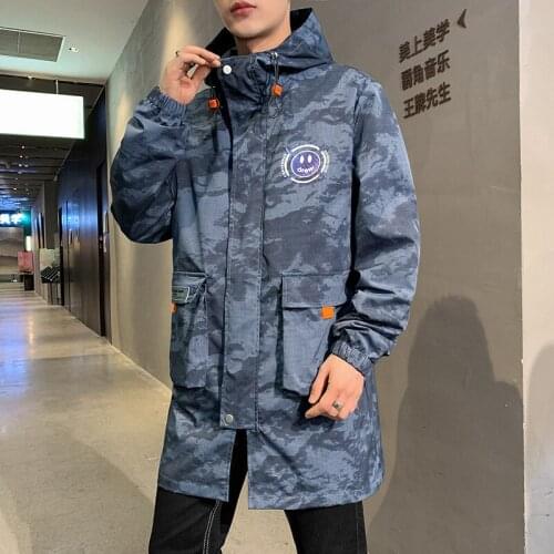 Mens Fashion Mid-length Jacket 2021 Spring and Autumn Windproof Jacket Youth Loose Trend Hooded Windbreaker Trench Coat Men