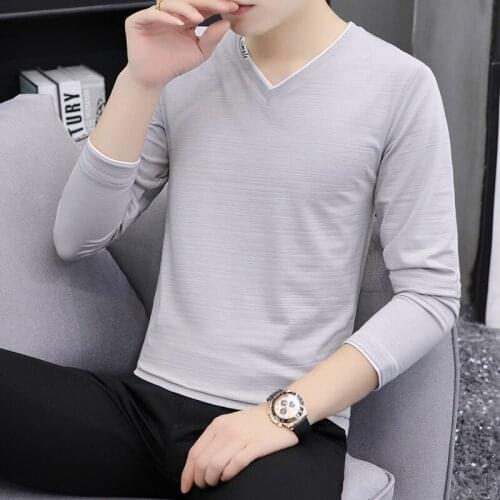 2021 New Casual Long Sleeve Men Autumn Fashion Long Sleeve T-shirt Loose V-Neck Solid Shirts Men Clothing