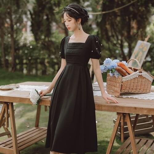 Dresses for Women Summer 2021 New French Fashion Chic Pearl Puff Sleeves Folded Square Collar Blue Gentle Dresses