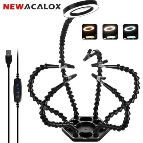 NEWACALOX Welding Station with 3X USB LED Magnifier PCB Soldering Iron Holder Tool Workshop Third Helping Hand 6pc Flexible Arms