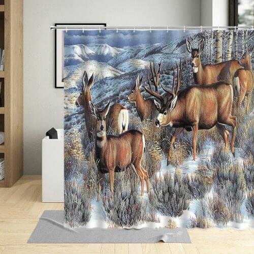Savanna Elk Floral Moose Deer Shower Curtain Oil Painting Snowfield Animal Bathroom Curtains Waterproof Fabric Decor With Hooks