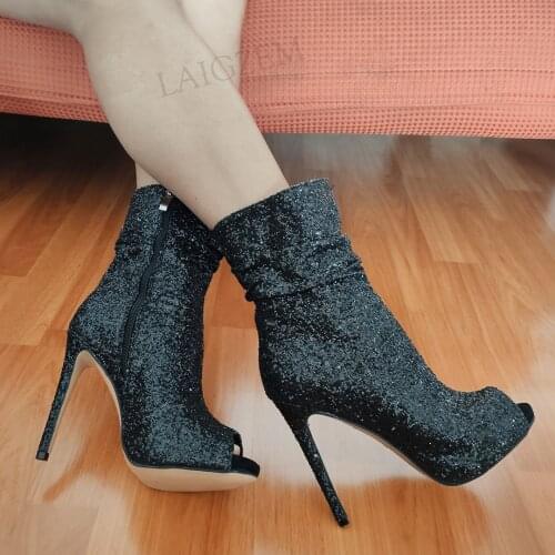 LAIGZEM FASHION Women Peep Toe Boots Bling Zip Up Stilttto Heel Summer Glitter Shoes Woman Sequined Black Large Size 41 42 47