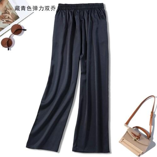 Womens 95% Silk 5% Spandex 30mm Heavy GRAY Elastic Waist Pockets Wide Leg Long Pants Trousers JN457