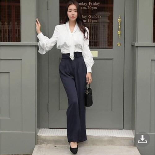 2021 Newest Autumn Womens Pants Suits With Belt V Neck Chiffon Shirt Tops +Casual High Waist Wide Leg Trousers 2 Piece Sets